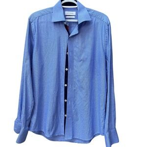 Levinas Mens Tailored Fit Non-Iron Cotton Dress Shirt Blue Micro Check 15/15.5 M